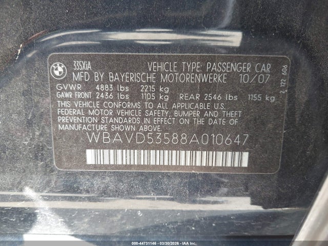 2008 Bmw 335xi მანქანა იყიდება აუქციონზე, vin: WBAVD53588A010647, აუქციონის ნომერი: 44731146
