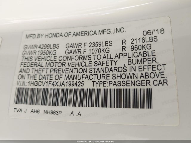 2018 HONDA ACCORD 1HGCV1F4XJA199425 Photo 8