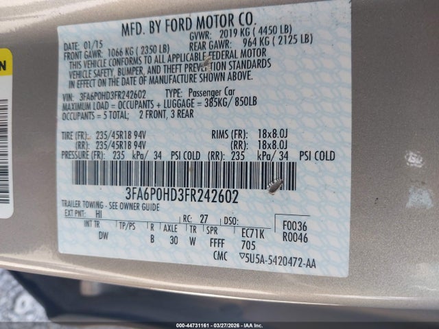 Ford FUSION SE 2015 3FA6P0HD3FR242602 Image 9