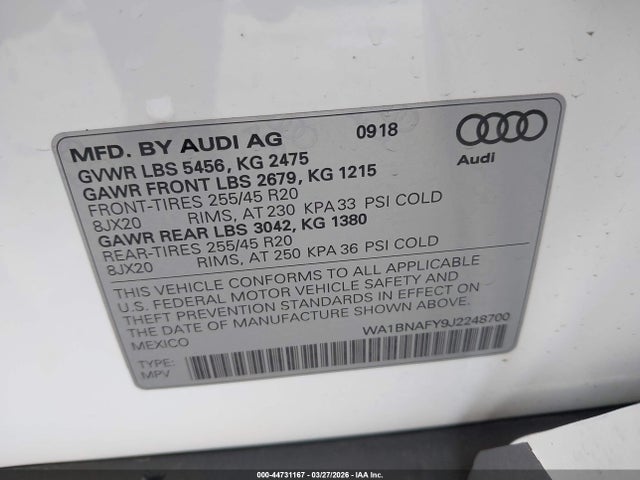 Aukcja sprzedaży 2018 Audi Q5 2.0t Premium/2.0t Tech Premium, vin: WA1BNAFY9J2248700, numer aukcji: 44731167