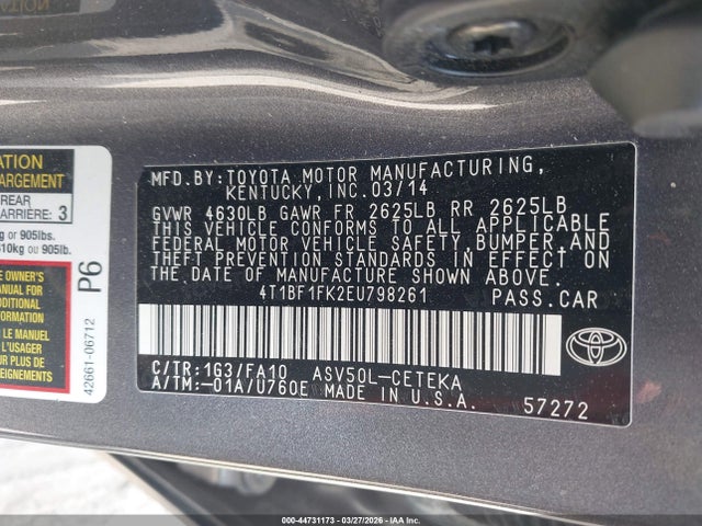 2014 Toyota Camry L მანქანა იყიდება აუქციონზე, vin: 4T1BF1FK2EU798261, აუქციონის ნომერი: 44731173