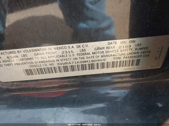 44731190 :رقم المزاد ، 3VWRA71K08M180969 vin ، 2008 Volkswagen Jetta Wolfsburg Edition مزاد بيع