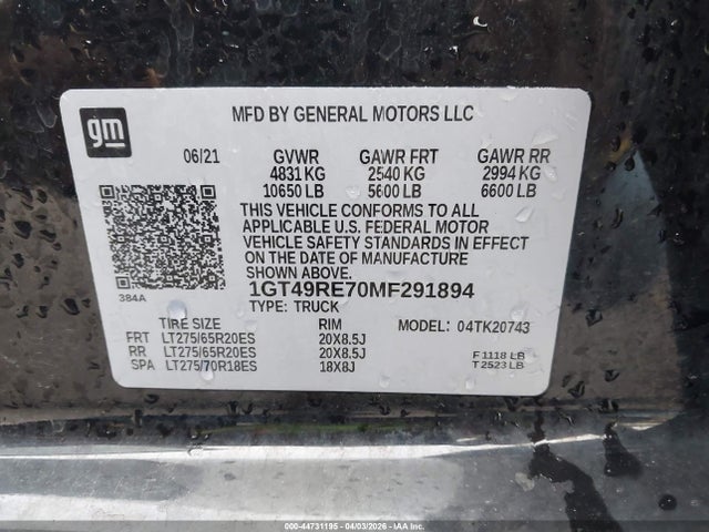 Aukcja sprzedaży 2021 Gmc Sierra 2500hd, vin: 1GT49RE70MF291894, numer aukcji: 44731195