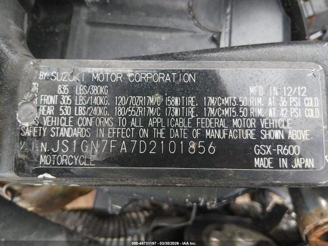 Продажа на аукционе авто 2013 Suzuki Gsx-r600, vin: JS1GN7FA7D2101856, номер лота: 44731197