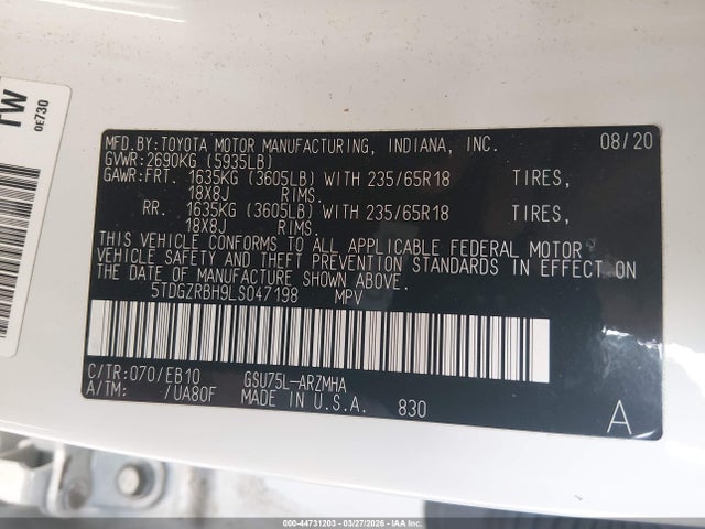 5TDGZRBH9LS047198 Toyota Highlander Xle