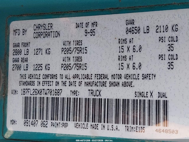 44731209 :رقم المزاد ، 1B7FL26X0TW701687 vin ، 1996 Dodge Dakota مزاد بيع