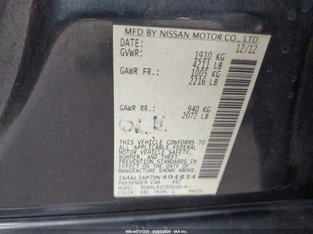 44731220 :رقم المزاد ، 1N4AL3AP7DN494834 vin ، 2013 Nissan Altima 2.5 S مزاد بيع