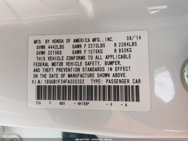 44731223 :رقم المزاد ، 19UUB1F34FA000302 vin ، 2015 Acura Tlx مزاد بيع