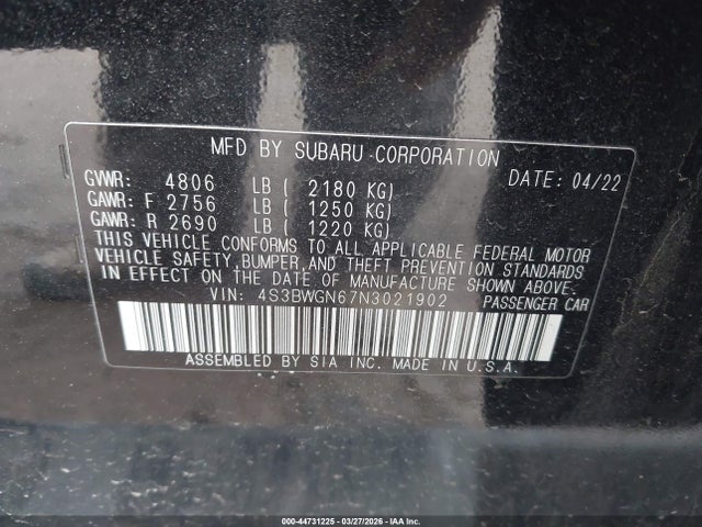2022 Subaru Legacy Limited Xt მანქანა იყიდება აუქციონზე, vin: 4S3BWGN67N3021902, აუქციონის ნომერი: 44731225