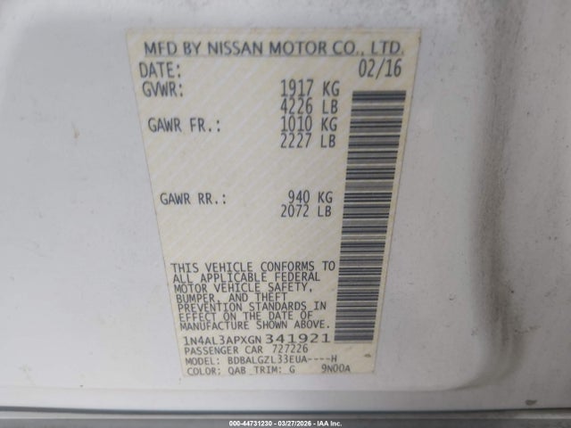 Продажа на аукционе авто 2016 Nissan Altima 2.5 S, vin: 1N4AL3APXGN341921, номер лота: 44731230