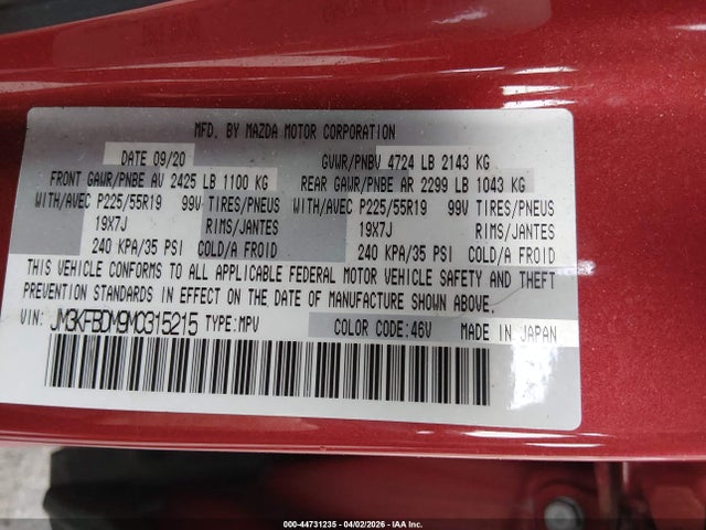44731235 :رقم المزاد ، JM3KFBDM9M0315215 vin ، 2021 Mazda Cx-5 Grand Touring مزاد بيع