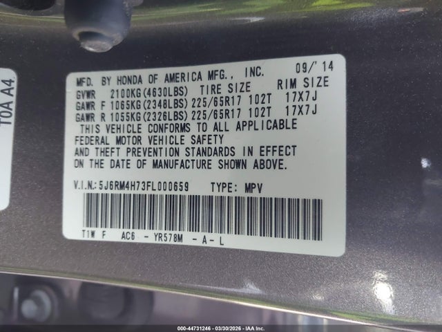 5J6RM4H73FL000659 Honda Cr-v Ex-l