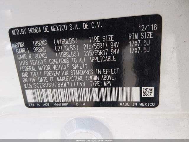 3CZRU6H76HM711138 Honda Hr-v Ex-l