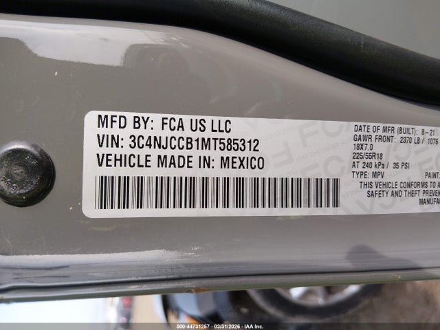 44731257 :رقم المزاد ، 3C4NJCCB1MT585312 vin ، 2021 Jeep Compass Limited Fwd مزاد بيع