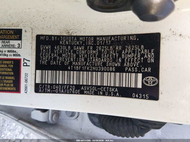 44731269 :رقم المزاد ، 4T1BF1FK2HU390086 vin ، 2017 Toyota Camry Se مزاد بيع