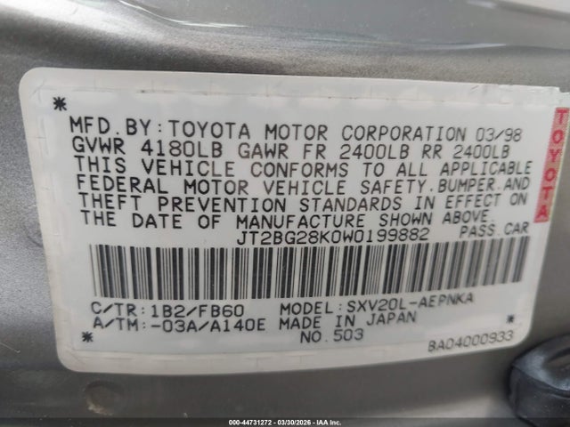 Aukcja sprzedaży 1998 Toyota Camry Le, vin: JT2BG28K0W0199882, numer aukcji: 44731272