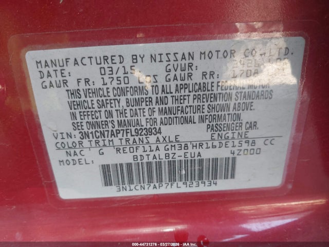 44731276 :رقم المزاد ، 3N1CN7AP7FL923934 vin ، 2015 Nissan Versa 1.6 Sv مزاد بيع
