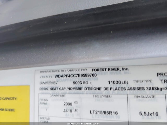 Продаж на аукціоні авто 2015 Forest River Prism, vin: WDAPF4CC7E9589760, номер лоту: 44731286