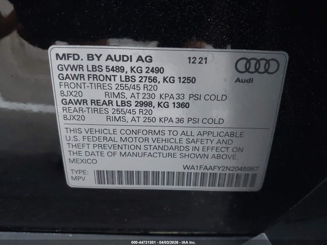 Aukcja sprzedaży 2022 Audi Q5 Prestige 45 Tfsi S Line Quattro S Tronic, vin: WA1FAAFY2N2045957, numer aukcji: 44731301