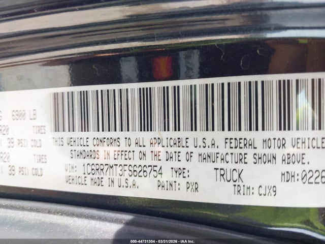 2015 Ram 1500 Sport მანქანა იყიდება აუქციონზე, vin: 1C6RR7MT3FS626754, აუქციონის ნომერი: 44731304