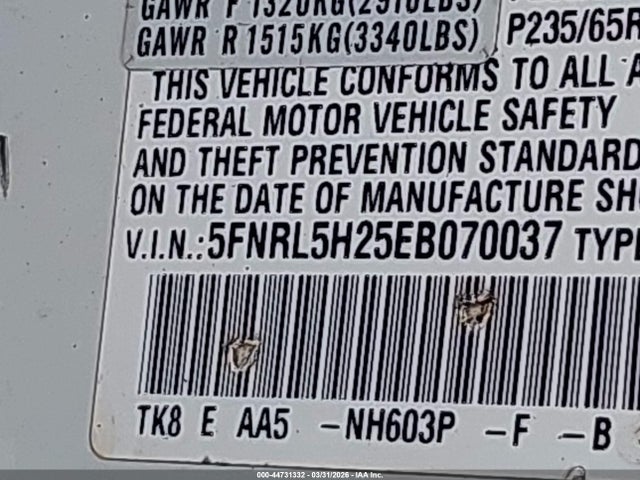 44731332 :رقم المزاد ، 5FNRL5H25EB070037 vin ، 2014 Honda Odyssey Lx مزاد بيع