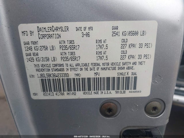 44731339 :رقم المزاد ، 1J8GL58K36W233393 vin ، 2006 Jeep Liberty Limited Edition مزاد بيع