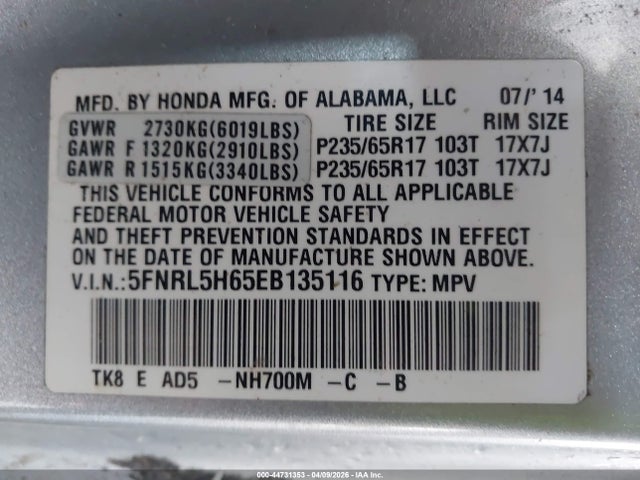 Honda Odyssey Ex-l 2014 5FNRL5H65EB135116 Image 9