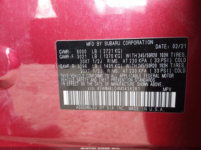 Aukcja sprzedaży 2021 Subaru Ascent Limited, vin: 4S4WMALD4M3438281, numer aukcji: 44731354