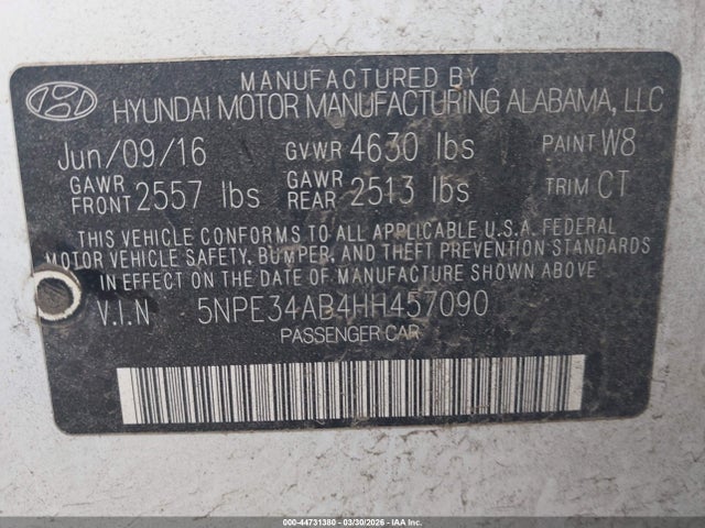 44731380 :رقم المزاد ، 5NPE34AB4HH457090 vin ، 2017 Hyundai Sonata Sport 2.0t مزاد بيع