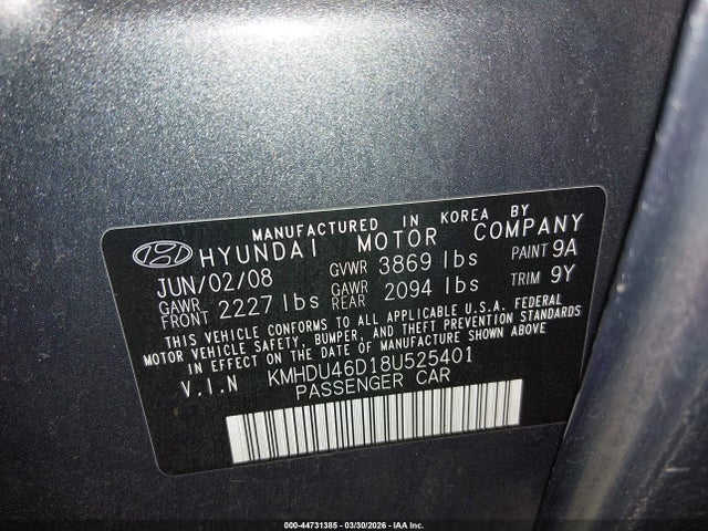 2008 Hyundai Elantra Gls/se მანქანა იყიდება აუქციონზე, vin: KMHDU46D18U525401, აუქციონის ნომერი: 44731385