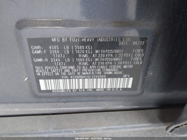 2014 Subaru Outback 2.5i მანქანა იყიდება აუქციონზე, vin: 4S4BRBAC6E3204984, აუქციონის ნომერი: 44731391