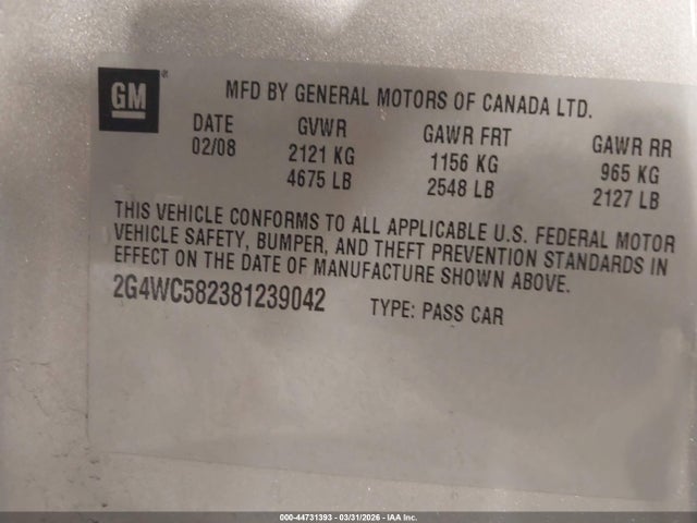 2008 Buick Lacrosse Cx მანქანა იყიდება აუქციონზე, vin: 2G4WC582381239042, აუქციონის ნომერი: 44731393