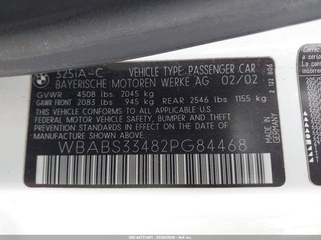 44731401 :رقم المزاد ، WBABS33482PG84468 vin ، 2002 Bmw 325ci مزاد بيع