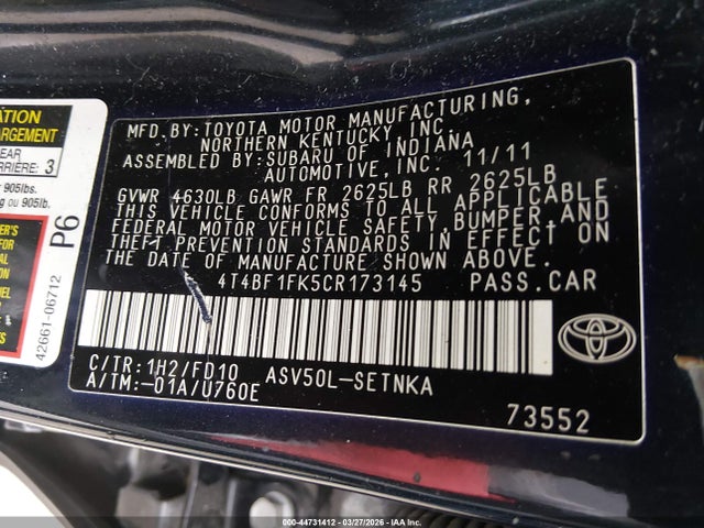 Aukcja sprzedaży 2012 Toyota Camry Le, vin: 4T4BF1FK5CR173145, numer aukcji: 44731412