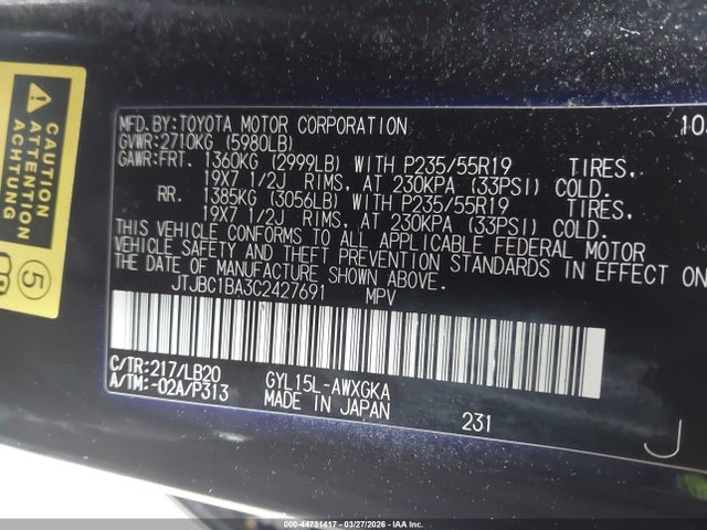 44731417 :رقم المزاد ، JTJBC1BA3C2427691 vin ، 2012 Lexus Rx 450h مزاد بيع