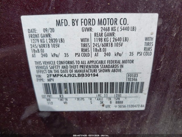 44731426 :رقم المزاد ، 2FMPK4J92LBB30194 vin ، 2020 Ford Edge Sel مزاد بيع