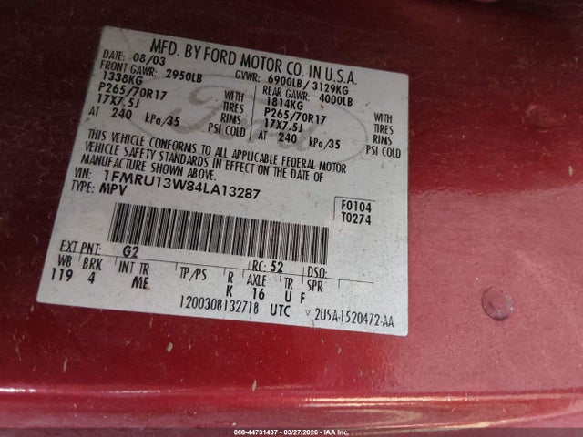 44731437 :رقم المزاد ، 1FMRU13W84LA13287 vin ، 2004 Ford Expedition Xls مزاد بيع