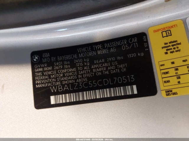 44731440 :رقم المزاد ، WBALZ3C55CDL70513 vin ، 2012 Bmw 650i مزاد بيع