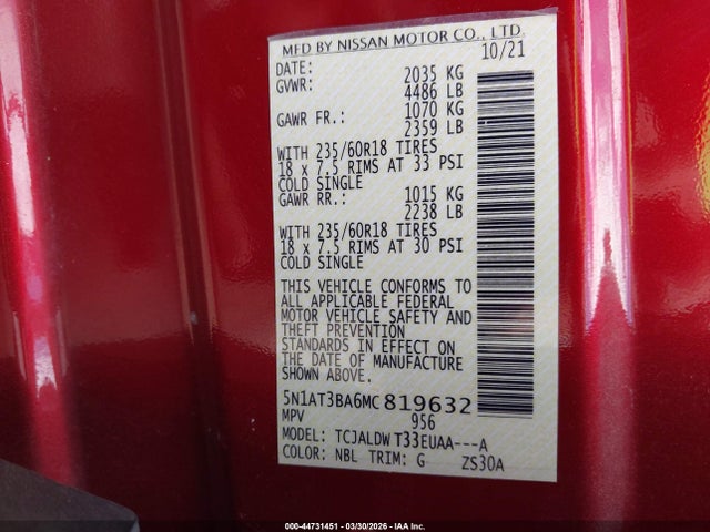 Aukcja sprzedaży 2021 Nissan Rogue Sv Fwd, vin: 5N1AT3BA6MC819632, numer aukcji: 44731451