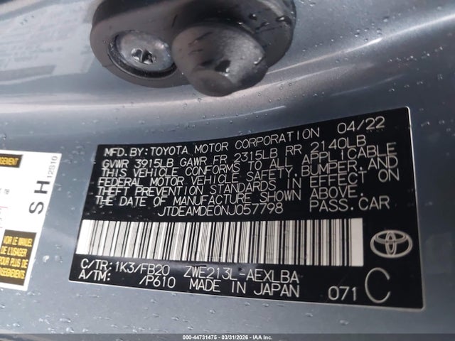 44731475 :رقم المزاد ، JTDEAMDE0NJ057798 vin ، 2022 Toyota Corolla Hybrid Le مزاد بيع
