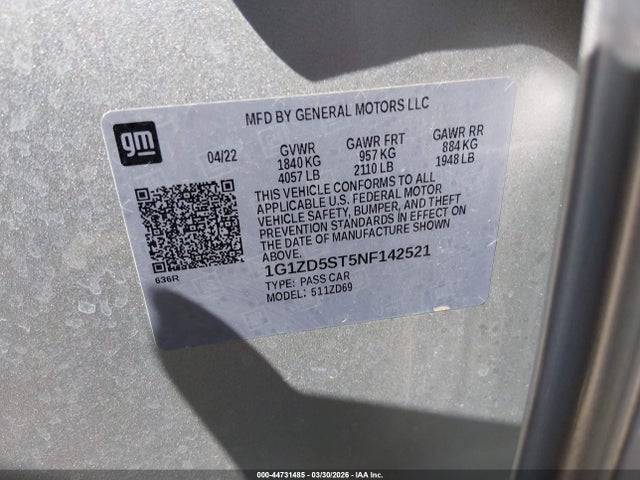Продажа на аукционе авто 2022 Chevrolet Malibu Fwd Lt, vin: 1G1ZD5ST5NF142521, номер лота: 44731485