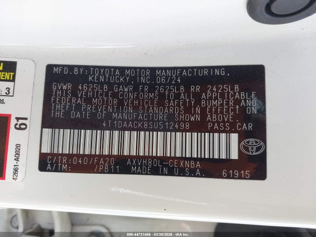 Aukcja sprzedaży 2025 Toyota Camry Le, vin: 4T1DAACK8SU512498, numer aukcji: 44731486