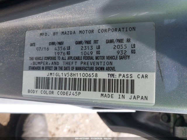 44731495 :رقم المزاد ، JM1GL1V58H1100658 vin ، 2017 Mazda Mazda6 Touring مزاد بيع