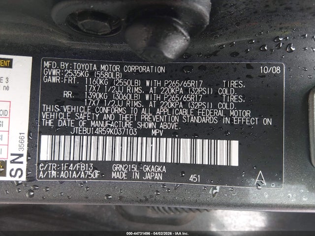 Aukcja sprzedaży 2009 Toyota 4runner Sport V6, vin: JTEBU14R59K037103, numer aukcji: 44731496