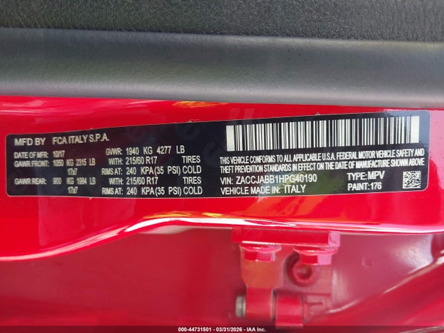 Продажа на аукционе авто 2017 Jeep Renegade Latitude Fwd, vin: ZACCJABB1HPG40190, номер лота: 44731501