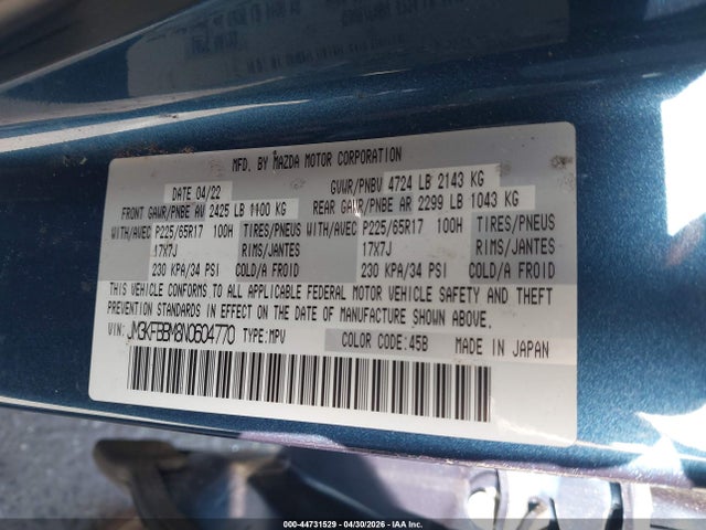 Aukcja sprzedaży 2022 Mazda Cx-5 2.5 S Select, vin: JM3KFBBM8N0604770, numer aukcji: 44731529