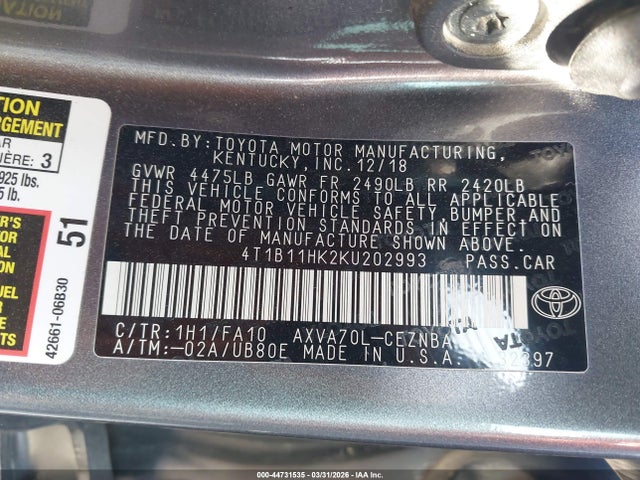 44731535 :رقم المزاد ، 4T1B11HK2KU202993 vin ، 2019 Toyota Camry Le مزاد بيع