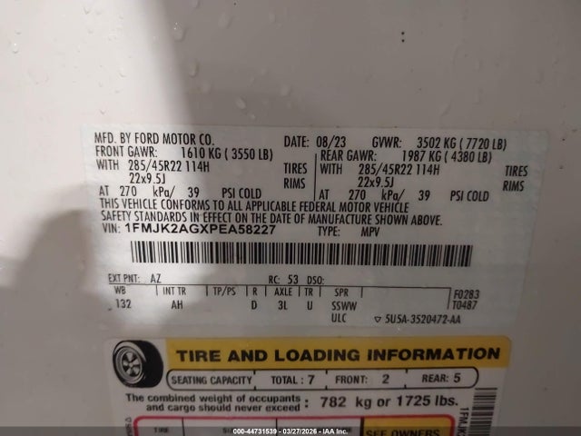 2023 Ford Expedition Limited Max მანქანა იყიდება აუქციონზე, vin: 1FMJK2AGXPEA58227, აუქციონის ნომერი: 44731539