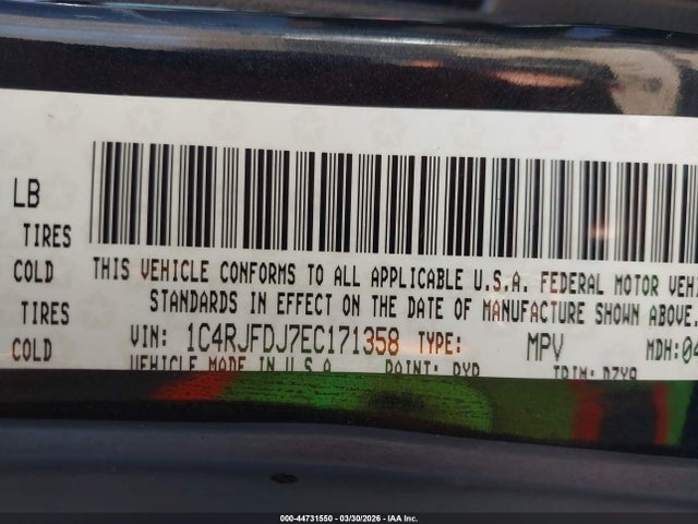 44731550 :رقم المزاد ، 1C4RJFDJ7EC171358 vin ، 2014 Jeep Grand Cherokee Srt8 مزاد بيع