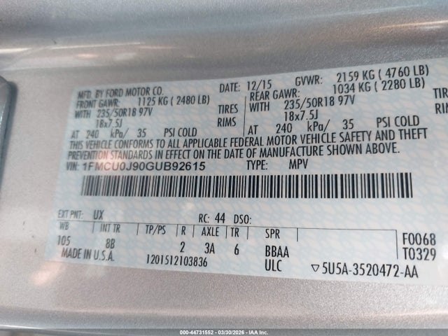 Продаж на аукціоні авто 2016 Ford Escape Titanium, vin: 1FMCU0J90GUB92615, номер лоту: 44731552